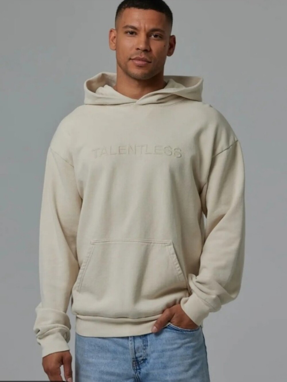 Talentless Weighted Embroidered Neutral Hoodie Sweatshirt -Bone Color